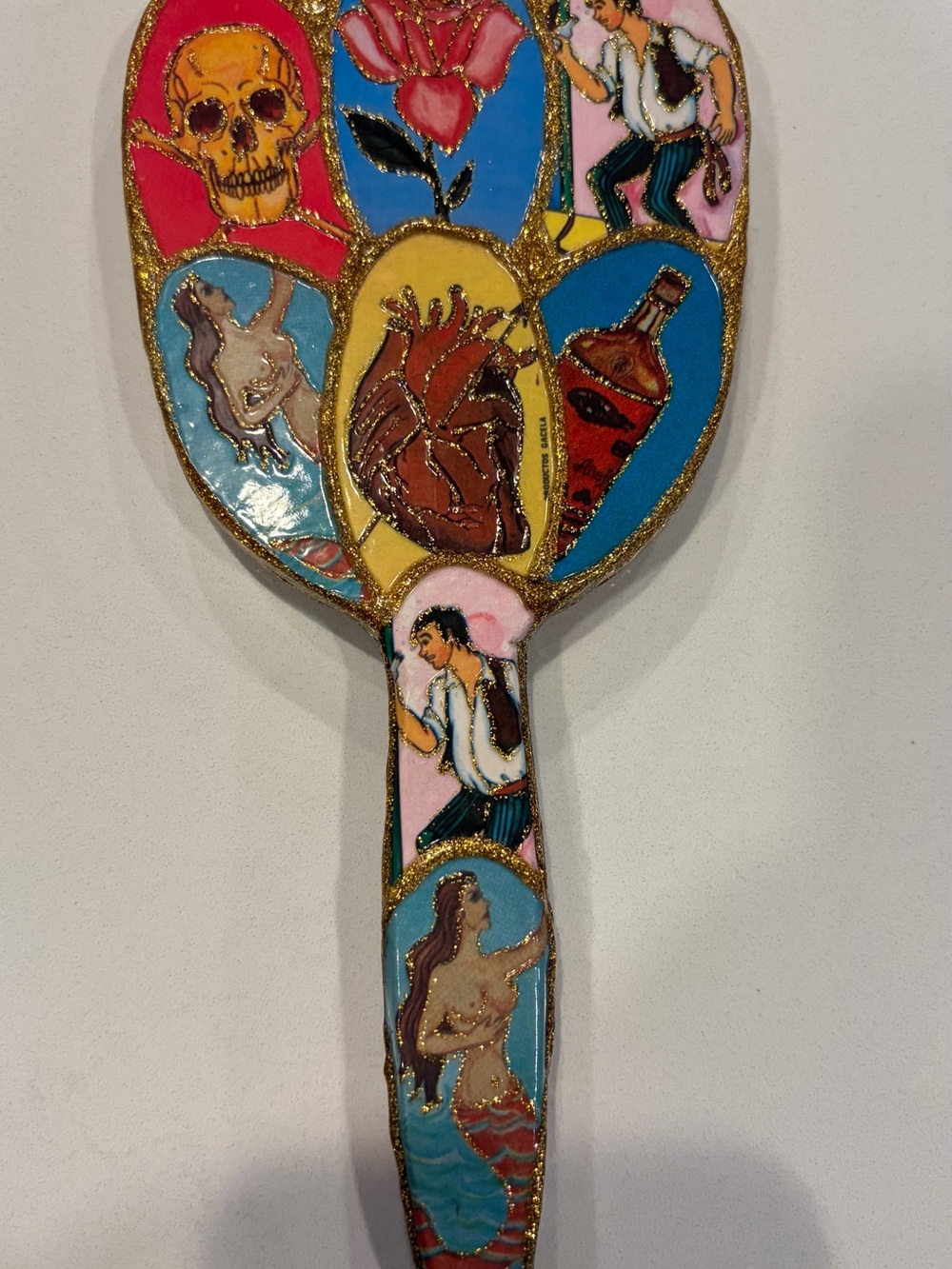 Hand-Painted Folk Art Skull Heart Mermaid Hand Mirror 8 Inch - Picture 2 of 5